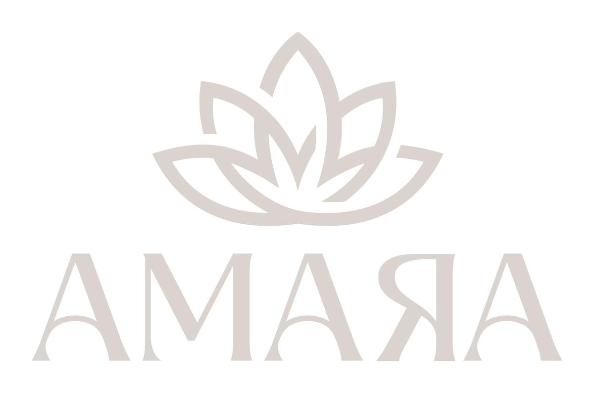 Amara lotus mark in cream on forest green